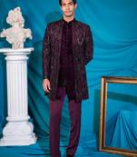 Wine velvet indowestern with sequins and floral thread work