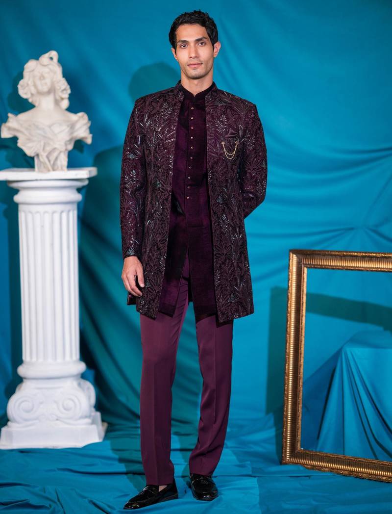 Wine velvet indowestern with sequins and floral thread work