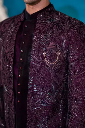 Wine velvet indowestern with sequins and floral thread work