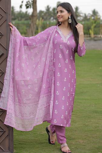 Women's Gorgeous Rayon Fabric Printed Work Straight Kurta Pant and Dupatta Set