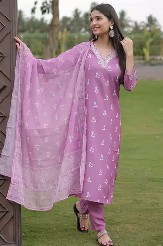Women's Gorgeous Rayon Fabric Printed Work Straight Kurta Pant and Dupatta Set