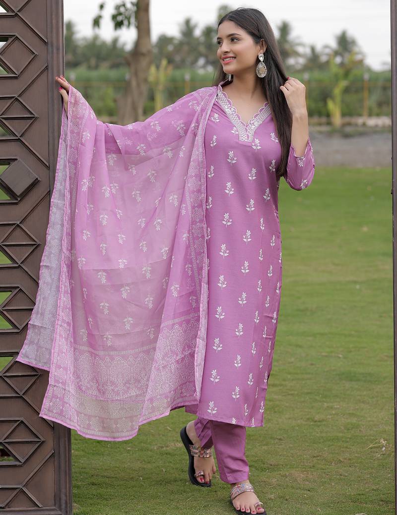 Women's Gorgeous Rayon Fabric Printed Work Straight Kurta Pant and Dupatta Set
