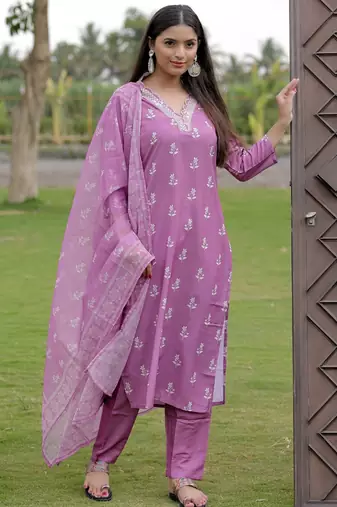 Women's  Rayon Printed Work Straight Kurta Pant and Dupatta Set