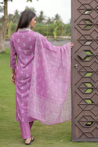 Women's  Rayon Printed Work Straight Kurta Pant and Dupatta Set