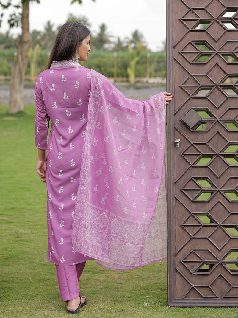 Women's Gorgeous Rayon Fabric Printed Work Straight Kurta Pant and Dupatta Set