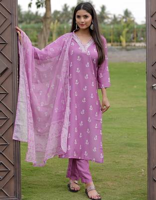 Women's  Rayon Printed Work Straight Kurta Pant and Dupatta Set 5