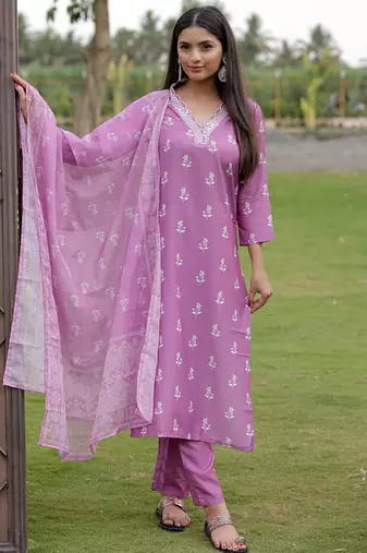 Women's  Rayon Printed Work Straight Kurta Pant and Dupatta Set