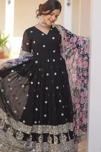 Black Zari Sequins Heavy Embroidered Gown Set     Designer Wear