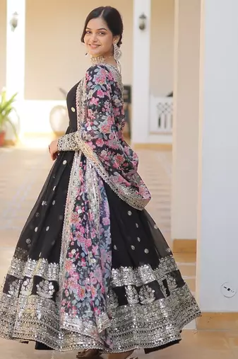 Black Zari Sequins Heavy Embroidered Gown Set     Designer Wear