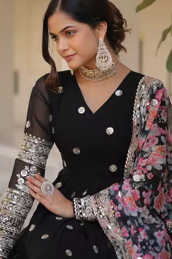 Black Zari Sequins Heavy Embroidered Gown Set     Designer Wear
