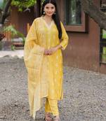 Women's  Rayon Printed Work Straight Kurta Pant and Dupatta Set