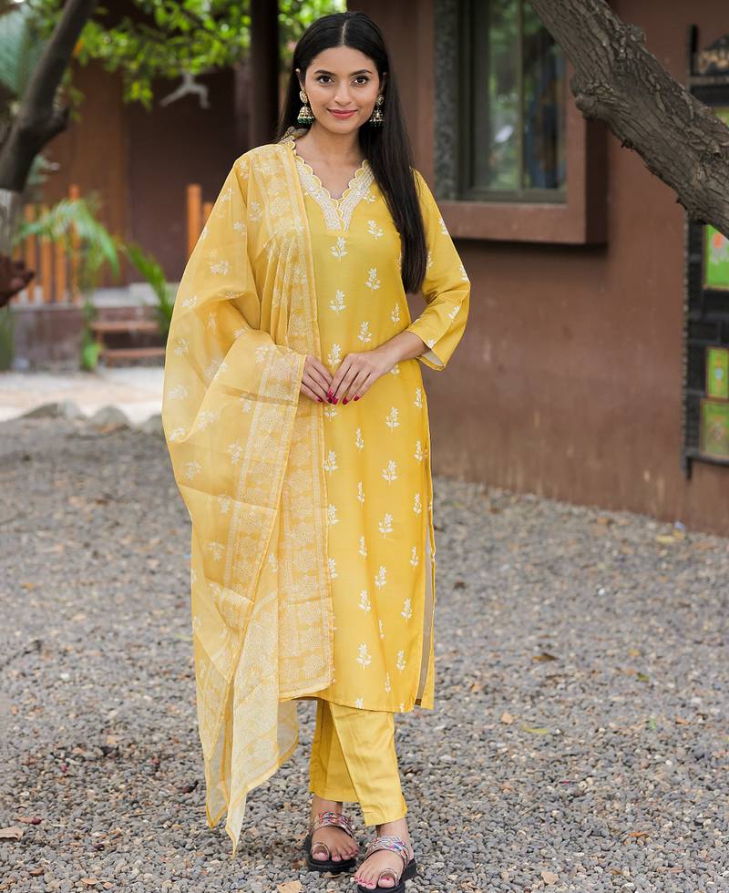 Women's Gorgeous Rayon Fabric Printed Work Straight Kurta Pant and Dupatta Set