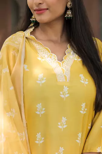 Women's  Rayon Printed Work Straight Kurta Pant and Dupatta Set