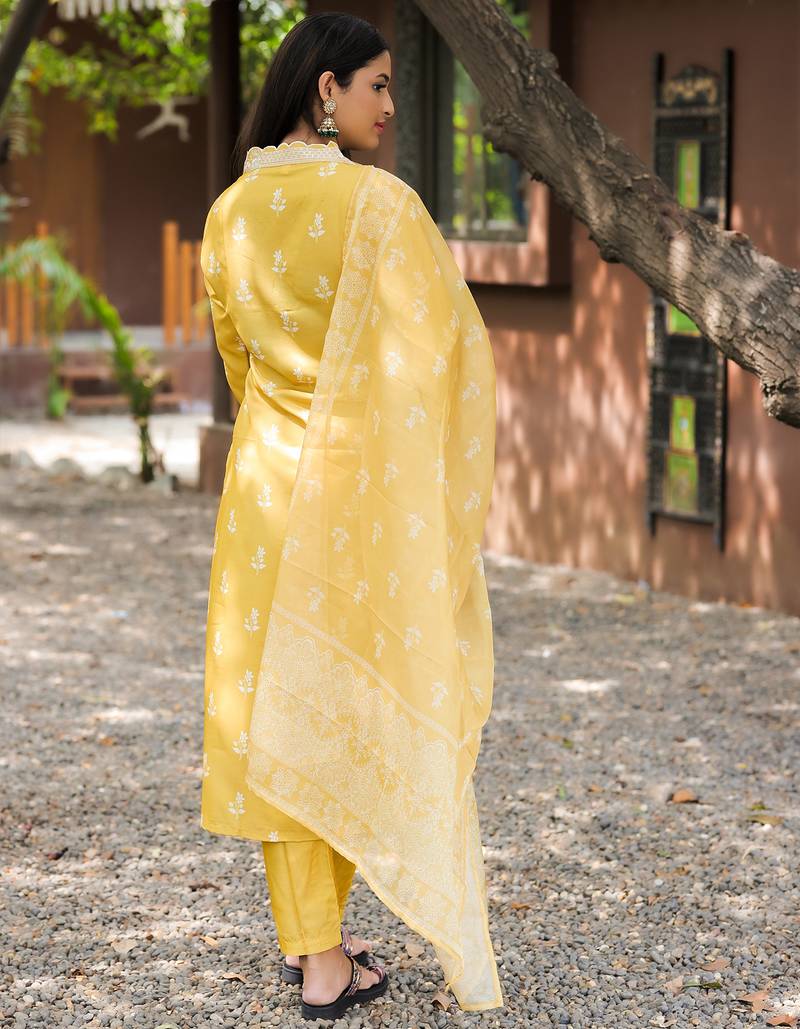 Women's Gorgeous Rayon Fabric Printed Work Straight Kurta Pant and Dupatta Set