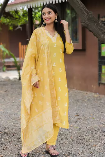 Women's  Rayon Printed Work Straight Kurta Pant and Dupatta Set