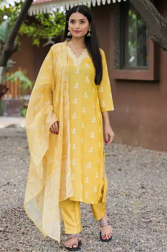 Women's  Rayon Printed Work Straight Kurta Pant and Dupatta Set