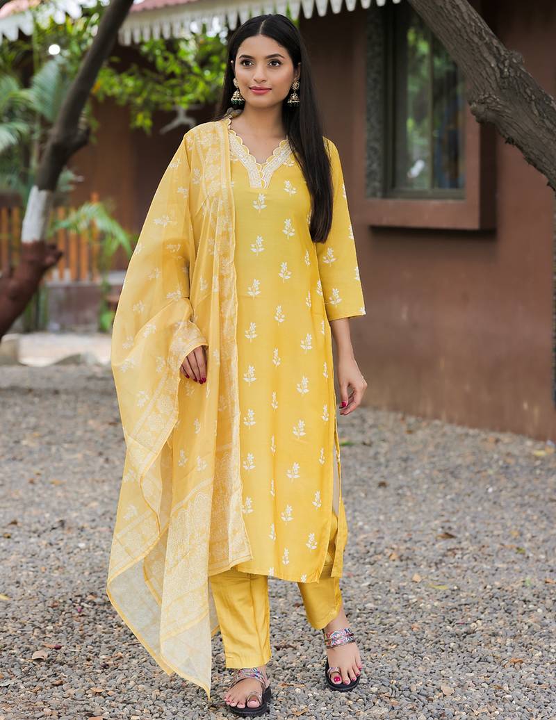 Women's Gorgeous Rayon Fabric Printed Work Straight Kurta Pant and Dupatta Set