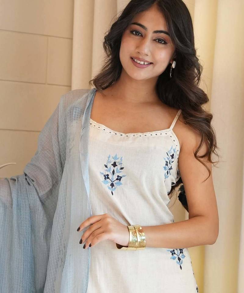 Women's Gorgeous Cotton Flex Fabric Thread Work Straight Kurta Pant and Dupatta Set