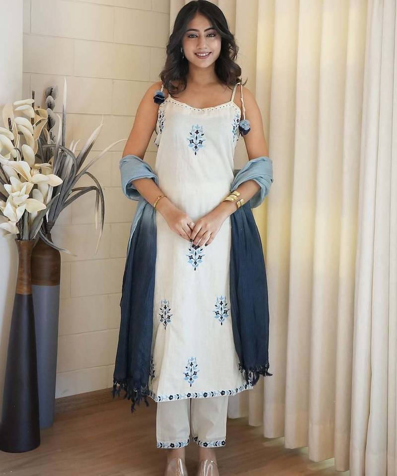 Women's Gorgeous Cotton Flex Fabric Thread Work Straight Kurta Pant and Dupatta Set