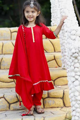 Red Cotton Kids Anarkali with Lace Work & Gold Trim