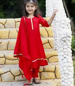 Red Cotton Kids Anarkali with Lace Work & Gold Trim