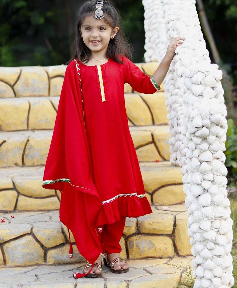 Red Cotton Kids Anarkali with Lace Work & Gold Trim