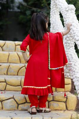 Red Cotton Kids Anarkali with Lace Work & Gold Trim 2