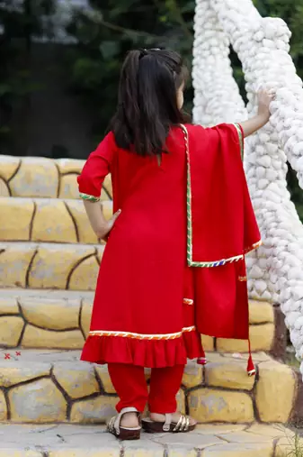 Red Cotton Kids Anarkali with Lace Work & Gold Trim