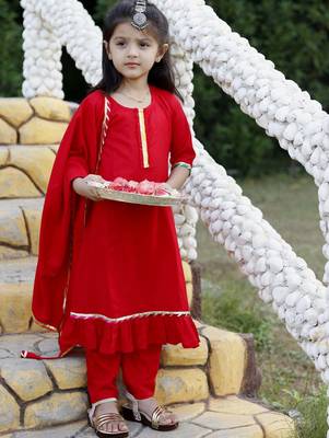 Red Cotton Kids Anarkali with Lace Work & Gold Trim 3