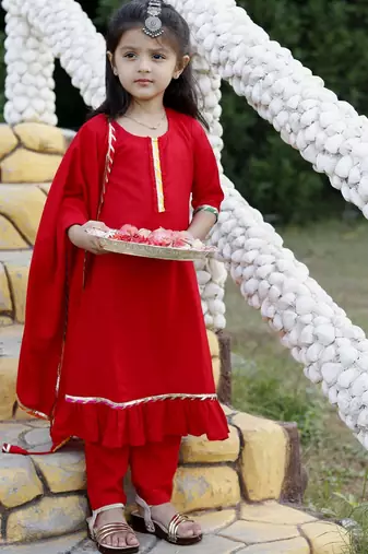 Red Cotton Kids Anarkali with Lace Work & Gold Trim