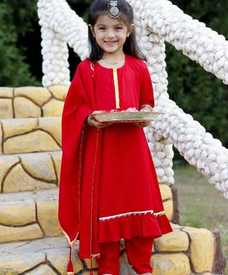 Red Cotton Kids Anarkali with Lace Work & Gold Trim 4