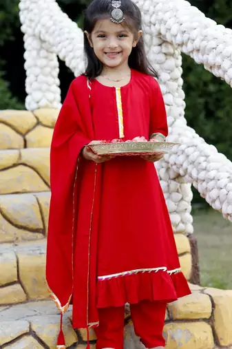 Red Cotton Kids Anarkali with Lace Work & Gold Trim