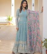 Sky Blue Zari & Sequins Heavy Embroidered Gown Set     Designer Collection