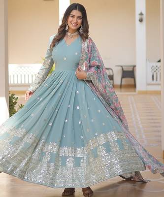 Sky Blue Zari & Sequins Heavy Embroidered Gown Set     Designer Collection 2