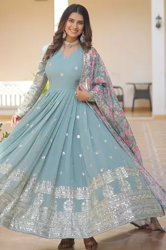 Sky Blue Zari & Sequins Heavy Embroidered Gown Set     Designer Collection