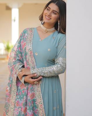 Sky Blue Zari & Sequins Heavy Embroidered Gown Set     Designer Collection 3