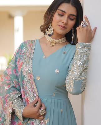 Sky Blue Zari & Sequins Heavy Embroidered Gown Set     Designer Collection 4
