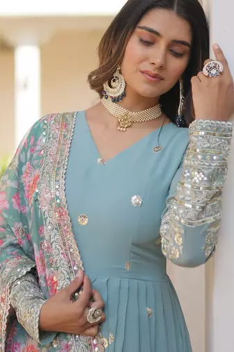 Sky Blue Zari & Sequins Heavy Embroidered Gown Set     Designer Collection