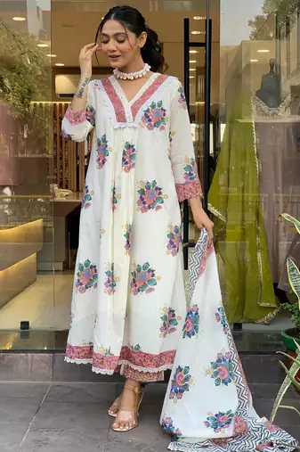 Women's  Cotton Printed Work Straight Kurta Pant and Dupatta Set