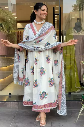 Women's  Cotton Printed Work Straight Kurta Pant and Dupatta Set