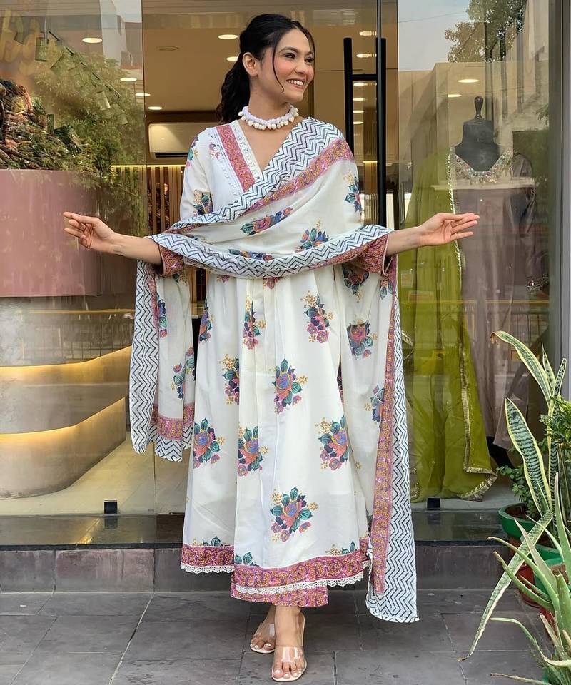 Women's Gorgeous Cotton Fabric Printed Work Straight Kurta Pant and Dupatta Set