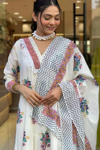 Women's  Cotton Printed Work Straight Kurta Pant and Dupatta Set
