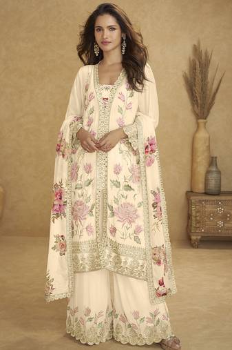 Cream floral slit style designer kurta palazzo suit