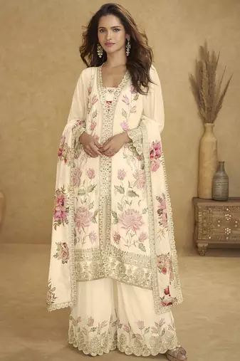 Cream floral slit style designer kurta palazzo suit