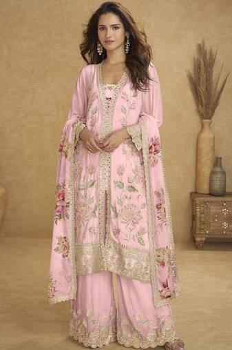 Light pink floral slit style designer kurta palazzo suit