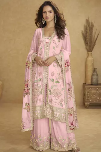 Light pink floral slit style designer kurta palazzo suit