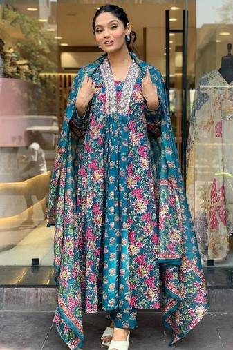 Women's Gorgeous Cotton Fabric Printed Work Straight Kurta Pant and Dupatta Set