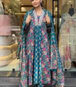 Women's  Cotton Printed Work Straight Kurta Pant and Dupatta Set