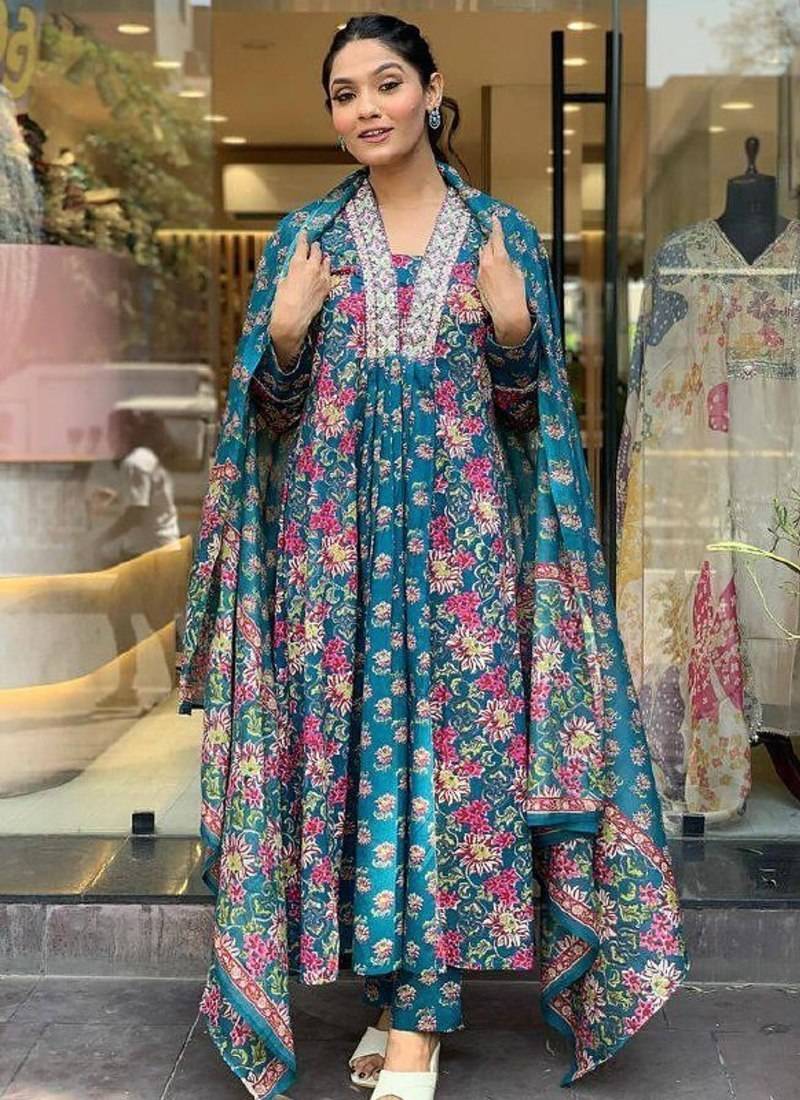 Women's Gorgeous Cotton Fabric Printed Work Straight Kurta Pant and Dupatta Set