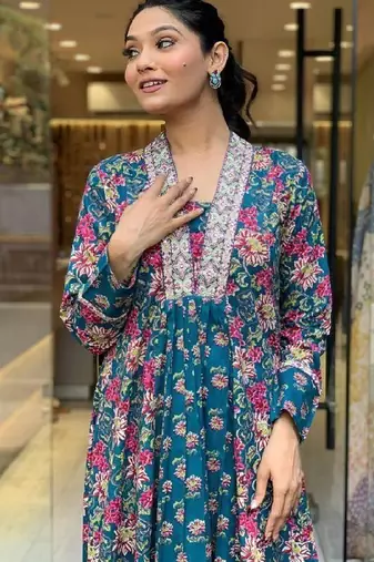 Women's  Cotton Printed Work Straight Kurta Pant and Dupatta Set